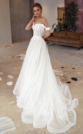 Simple A Line Off-the-shoulder Lace Chapel Train Wedding Dress with Appliques