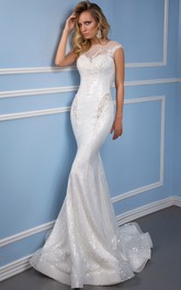 Bateau Lace Cap-sleeve Mermaid Wedding Dress With Illusion And Appliques