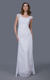 Wedding Lace Cap Sleeves Side-Draped Elegant Gown