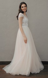 Ethereal Lace and Tulle A Line V-neck Wedding Dress with Ruching
