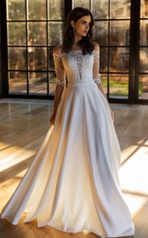 Vintage A Line Off-the-shoulder Satin and Lace Sweep Train Wedding Dress