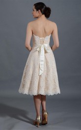 Strapless A-line Tea-length Lace Wedding Dress With Corset Back And bow