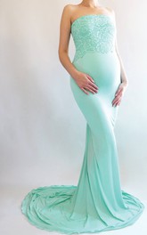 Strapless Sleeveless Lace Pleated Ruched Ruffled Maternity Dress