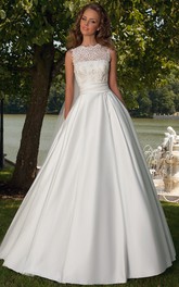 Ball-Gown Lace Jewel Sleeveless Floor-Length Satin Wedding Dress With Lace-Up Back And Bow