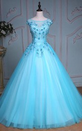 Tea-Length Sequined Bell Jeweled Appliqued Tulle Corset Lace Ball Gown