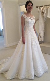 Adorable Bateau Lace Bridal Gown With Illusion Button Back And Cap Sleeves