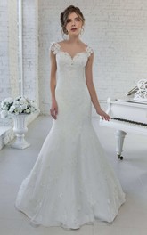 Cap-Sleeve V-Neck Mermaid Floral Wedding Dress With Illusion Back And Sweep Train