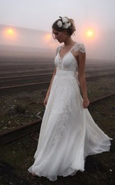 V-neck Chiffon Lace Cap Short Sleeve Wedding Gown