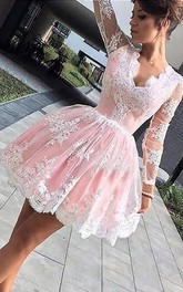 Long Sleeve A-line Ball Gown Short Mini Scalloped V-neck Pleats Ruching Lace Homecoming Dress