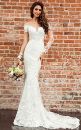 Mermaid Bateau Lace Floor-length Court Train 3/4 Length Sleeve Wedding Dress With Appliques