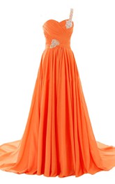 Ruched Rhinestoned Sweetheart One-Shoulder A-Line Gown