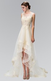 A-Line Ruffled Jeweled High-Low Scoop-Neck Tulle Sleeveless Dress