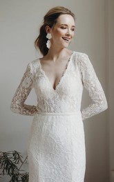 Sexy Sheath Plunging V-neck Lace Bridal Gown With Long Sleeves And Keyhole Back