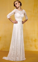 Scoop-neck 3-4-sleeve Sheath Lace Wedding Dress With Appliques And Beading