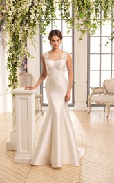 Mermaid Long Scoop Sleeveless Illusion Satin Dress With Appliques
