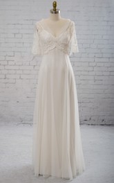 V-Shaped Neckline Cape Tulle Dress With Appliques