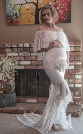 Country Off-the-shoulder Half Sleeve Lace Pleated Ruffled Maternity Wedding Dress