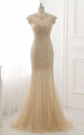 refined Cap-sleeve Sheath Tulle Prom Dress With Illusion And Crystal Detailing