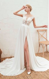 Elegant A-line Cap Sleeve Split Front Illusion Lace Appliqued Chiffon Bridal Gown