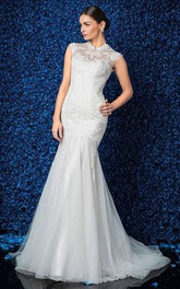Lace Ruched Sleeveless High-Neckline Gown