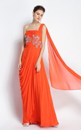 Floor-length A-Line One-shoulder Sleeveless Chiffon Prom Dress with Cascading Ruffles and Draping