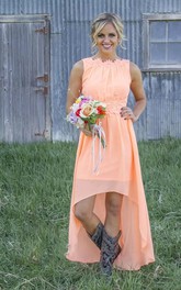 A-line Sleeveless High-low Jewel Chiffon Bridesmaid Dress with Zipper Low-V Back