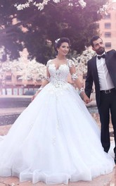 Ball Gown Long Sleeve Floor-length Court Train V-neck Tulle Wedding Dress with Zipper Illusion Back
