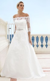Off-the-shoulder 3-4-sleeve A-line Wedding Dress With Lace