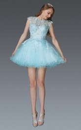 A-Line Short Jewel-Neck Cap-Sleeve Tulle Dress With Appliques And Beading