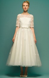 Scoop-neck Short Sleeve Tulle Tea-length Dress With Illusion And Low-V Back