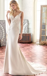 dipped-v-neck Sleeveless Sheath Wedding Dress With Lace And Court Train