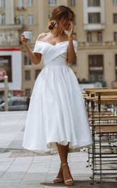 Vintage Sleeveless Off-the-shoulder Tea-length Satin A Line Wedding Dress with Ruching and Criss Cross