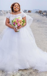 Bateau Lace Tulle Cap Short Sleeve Wedding Gown