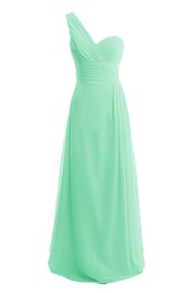 Pleated Ruched Band Sweetheart One-Shoulder A-Line Gown