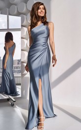 Romantic Sheath One-shoulder Satin Floor-length Prom Dress with Ruching
