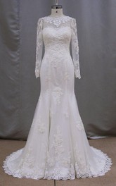 Long-Sleeve Mermaid High-Neckline Modest Bridal Lace Dress