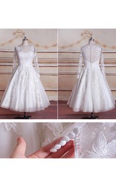 Lace Button Zipper Long-Sleeve Tea-Length Dress