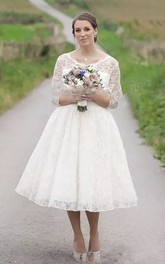 Vintage Tea-length Wedding Dress With 3/4 Illusion Lace Sleeve And Buttons