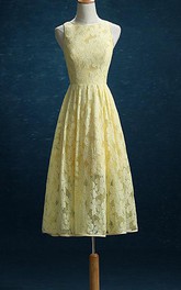 Bateau Sleeveless Lace Knee-length Dress With Pleats