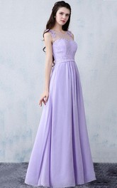Scoop-neck Sleeveless A-line Chiffon Dress With Lace top