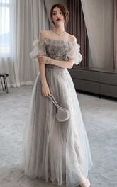 Off-the-shoulder High Neck Tulle Long Prom Evening Formal Dress With Appliques