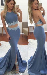 Halter Jersey Sleeveless Court Train Mermaid Evening Dress with Appliques