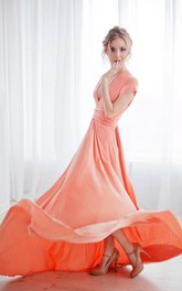 Short-Sleeved A-line Gown With Sash and Pleats