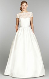 Illusion-Neck Lace Cap-Sleeve Stunning Long Gown