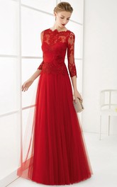 Bateau 3/4 Length Sleeve long Tulle Dress With Lace And Appliques 