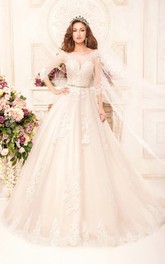 Scoop-Neck Appliqued Lace Waist Jewellery Ball-Gown Princess Illusion Dress