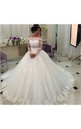 Tulle Jeweled Waist Belt Long-Sleeve Off-The-Shoulder Ball Gown