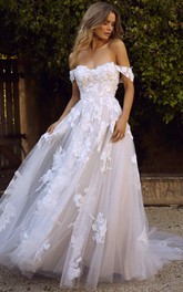 A Line Off-the-shoulder Lace Tulle Floor-length Court Train Sleeveless Open Back Wedding Dress