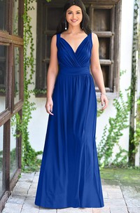 A Line Chiffon V-neck Floor-length Bridesmaid Dress With Ruching