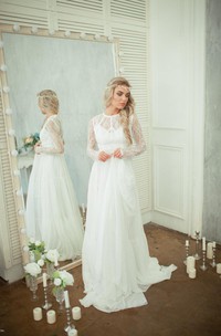 Chiffon A-Line Lace-Bodice Long-Sleeve Wedding Skirt Dress